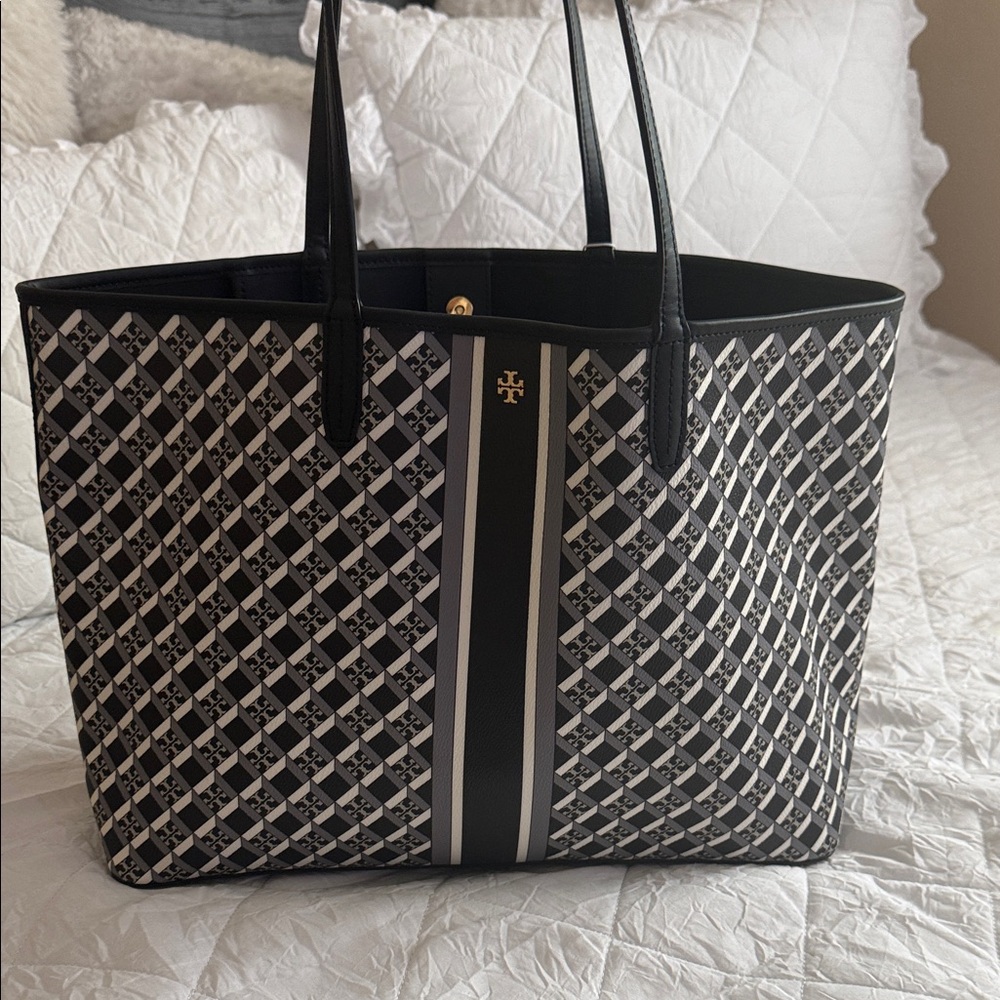 Tory Burch Black and White Patterned Logo Stripe Tote